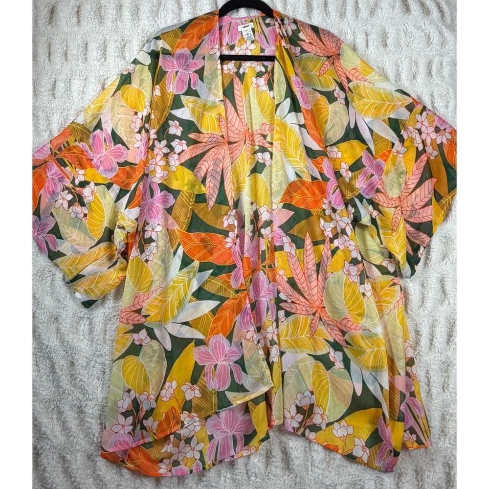 Aerie Floral Kimono Wrap Tropical Sheer Beach Cover Up OS Yellow Pink Orange